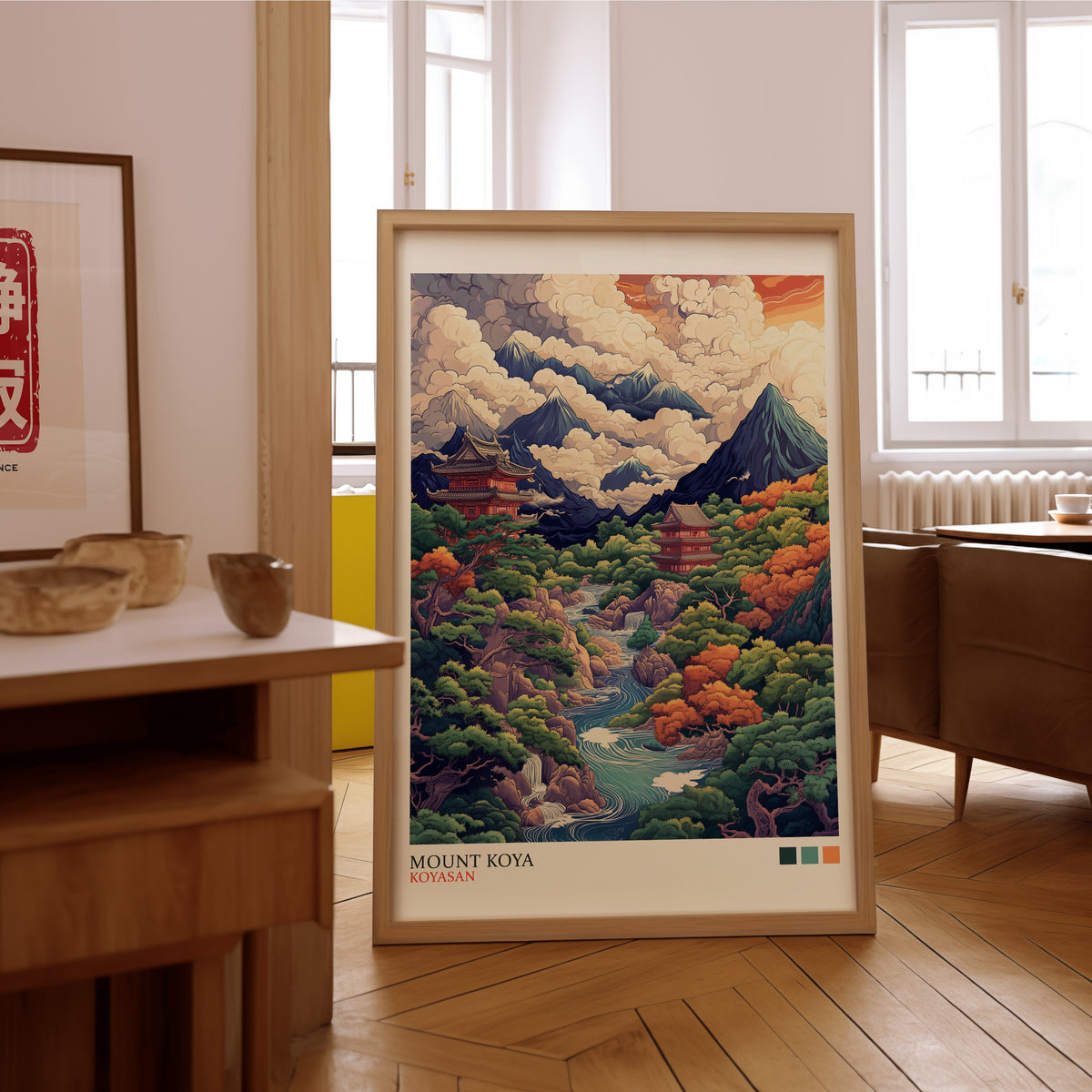 Mount Koya red temple ukiyo-e print in an oak frame on the parquet floor of a sunlit living room