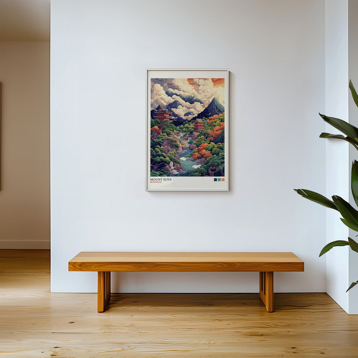 Mount Koya red temple ukiyo-e print shown in a white frame above a wooden entryway bench