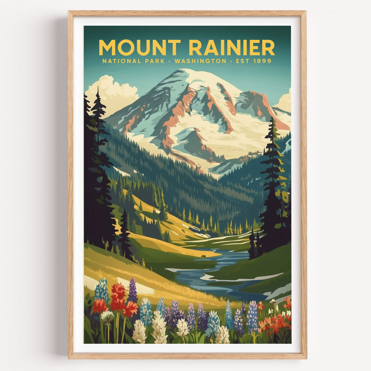 Mount Rainier National Park illustrated print: a glaciered peak above wildflowers, in an oak frame