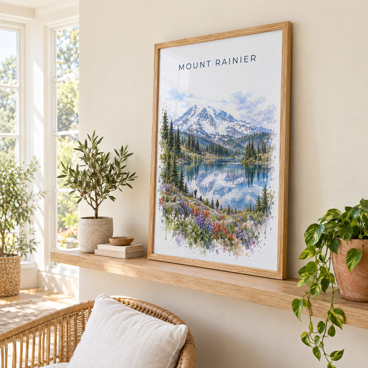 Mount Rainier National Park watercolor print in an oak frame on a picture ledge in a sunlit sunroom