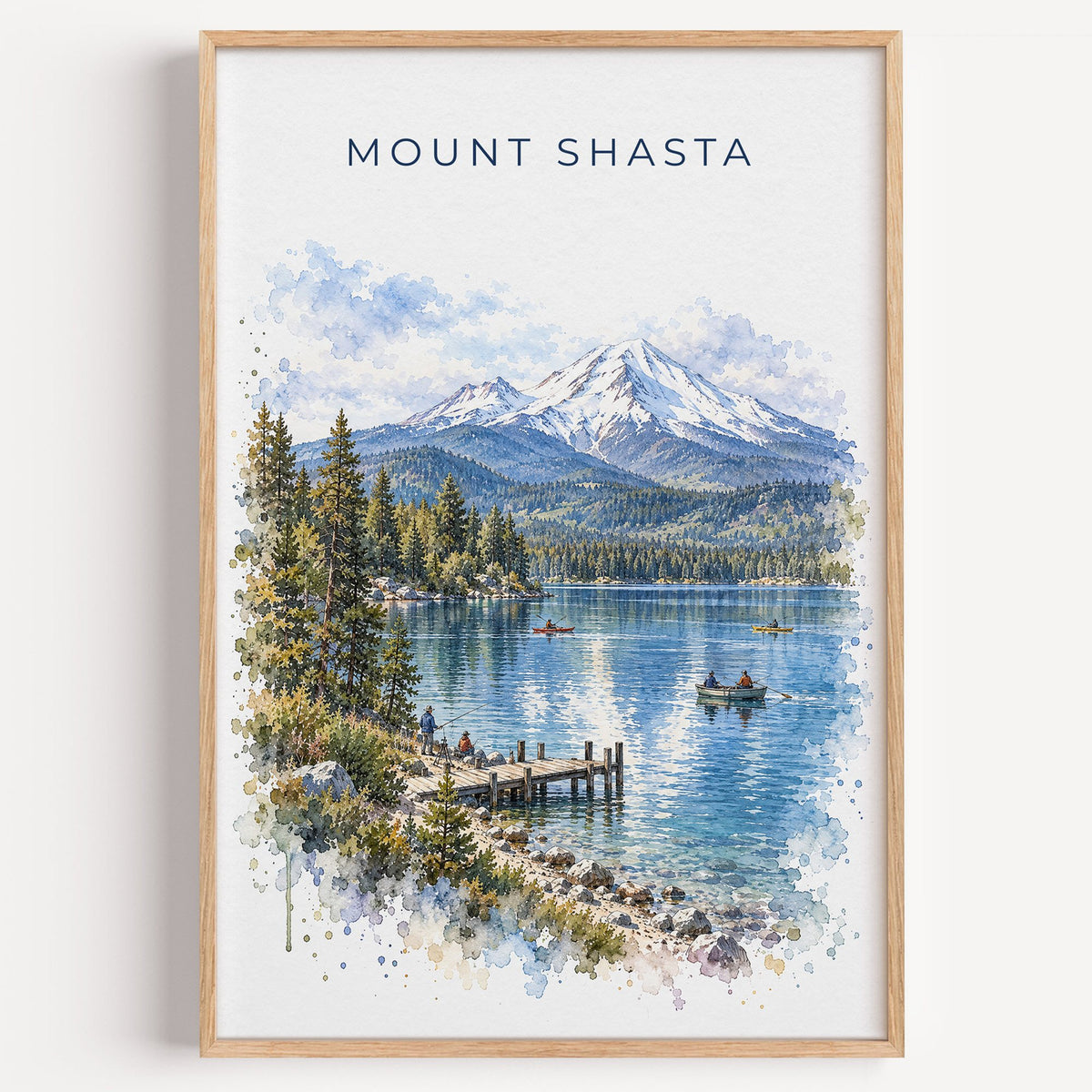 Mount Shasta watercolor print in a light oak frame on a plain white wall