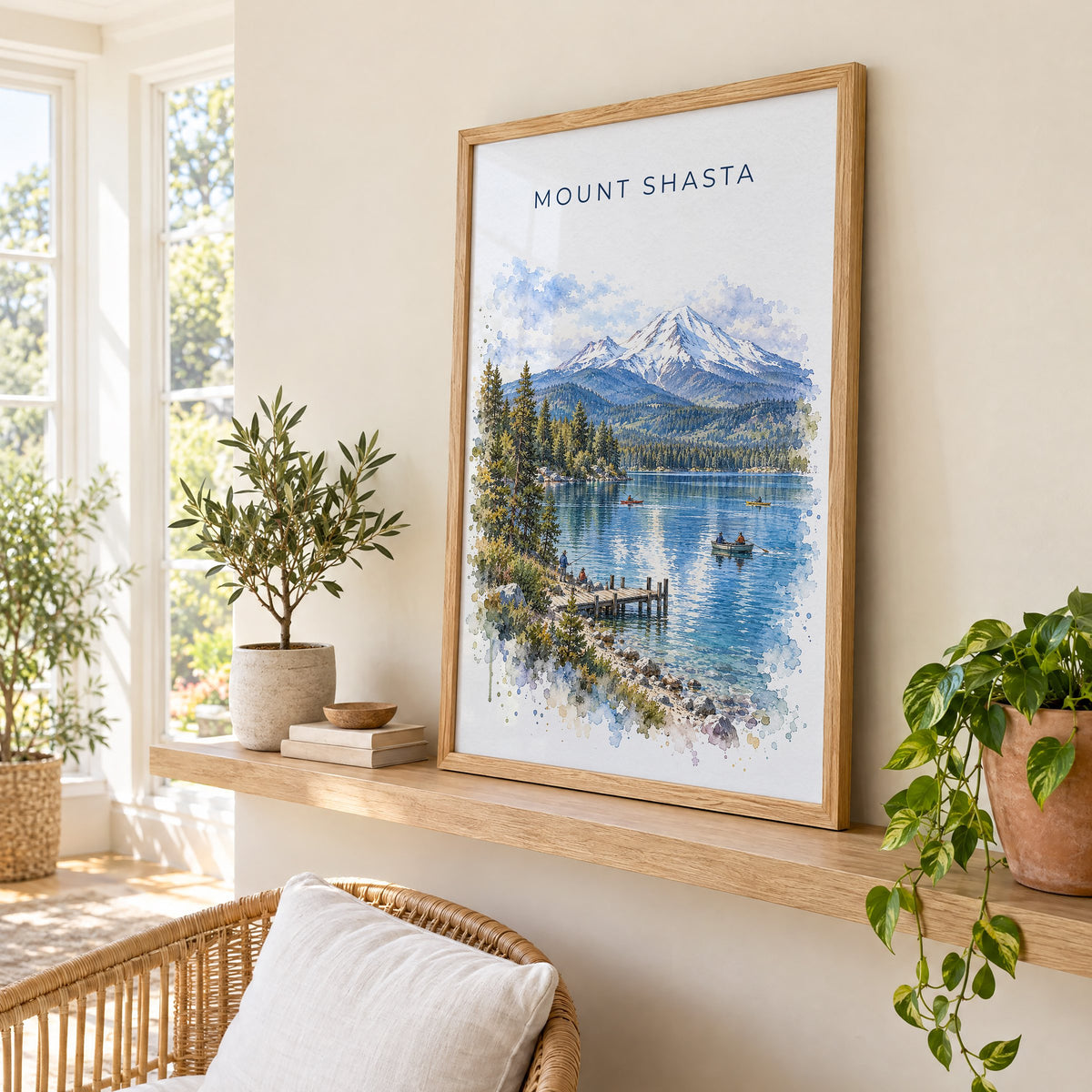 Mount Shasta watercolor print in an oak frame on a picture ledge in a sunlit sunroom