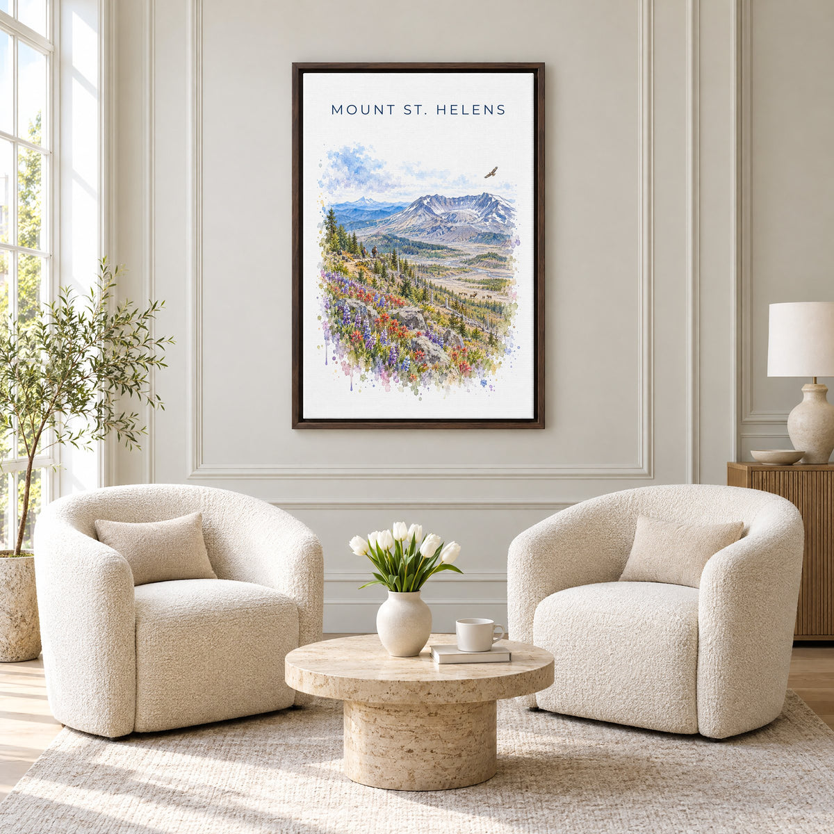 Mount St. Helens watercolor print as an espresso floater canvas above two boucle armchairs in a hotel lounge