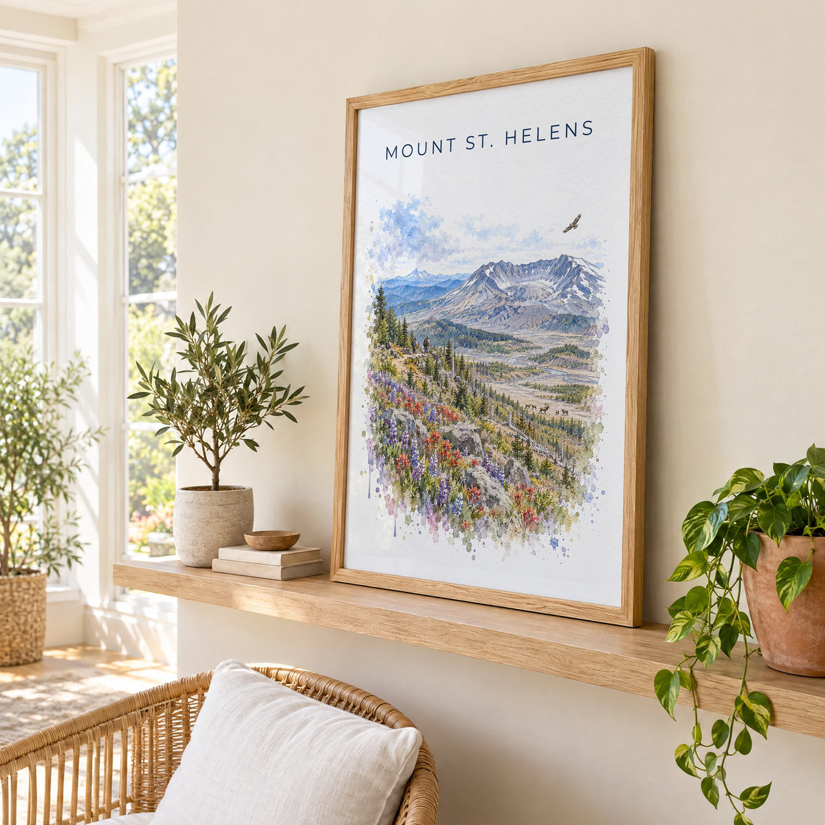Mount St. Helens watercolor print in an oak frame on a picture ledge in a sunlit sunroom
