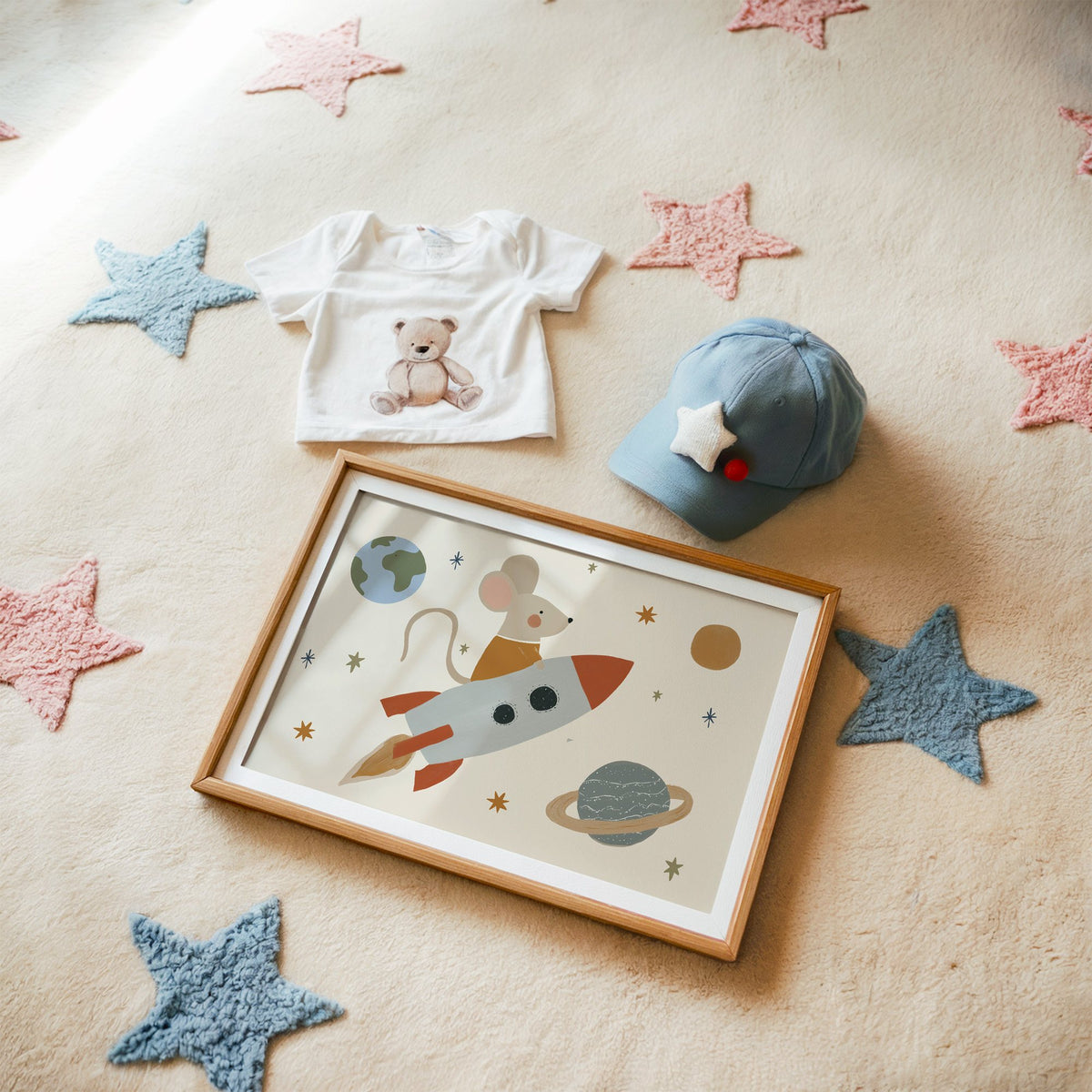 Landscape mouse astronaut riding rocket nursery print in a matted oak frame on a star rug with a baby tee