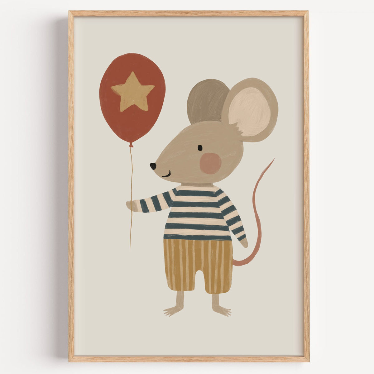 Mouse star balloon striped shirt nursery print in a light oak frame on a plain white wall