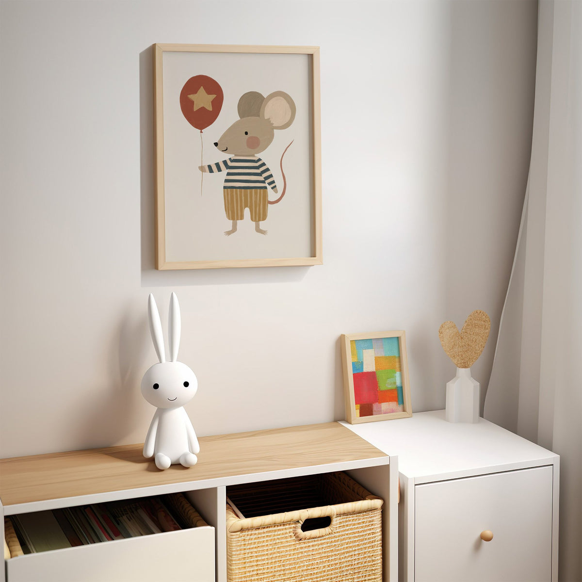 Mouse star balloon striped shirt nursery print in an oak frame above a kids cubby shelf with a woven basket and bunny lamp