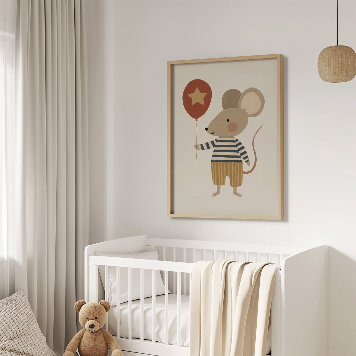 Mouse star balloon striped shirt nursery print in an oak frame above a white crib with a teddy bear
