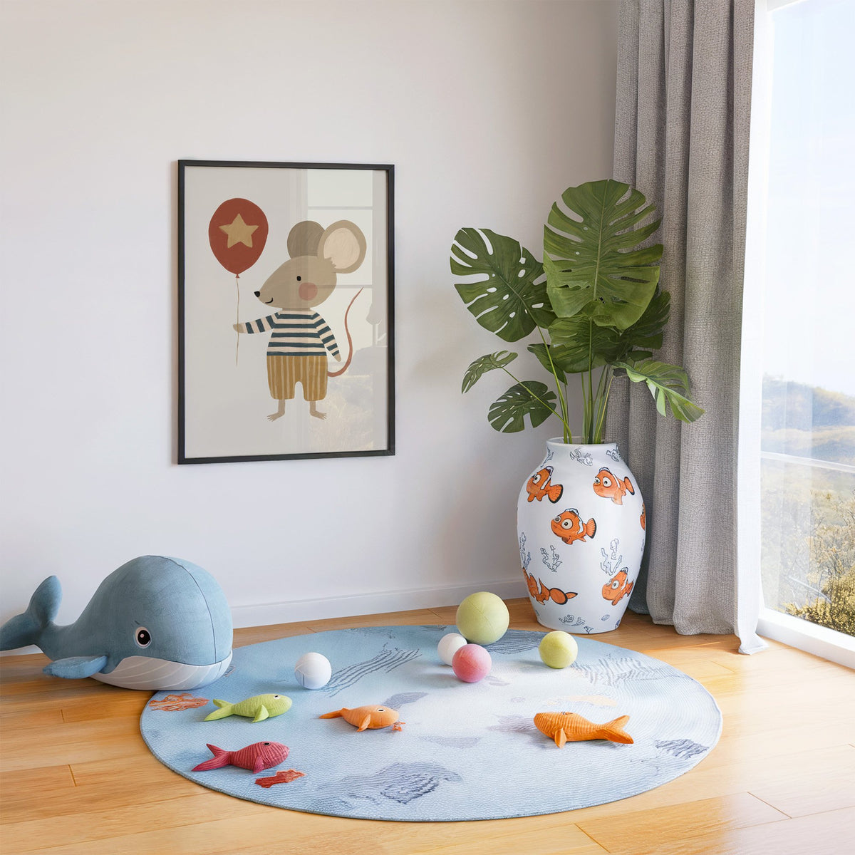 Mouse star balloon striped shirt nursery print in a black frame in a playroom with an ocean rug and whale plush