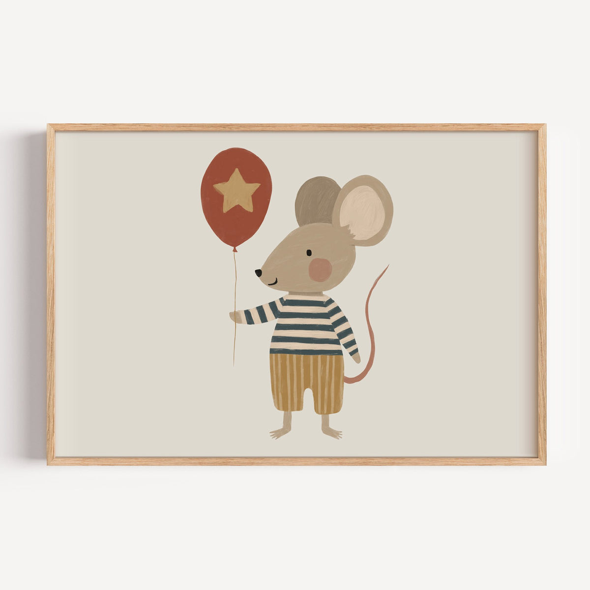 Landscape mouse star balloon striped shirt nursery print in a light oak frame on a plain white wall