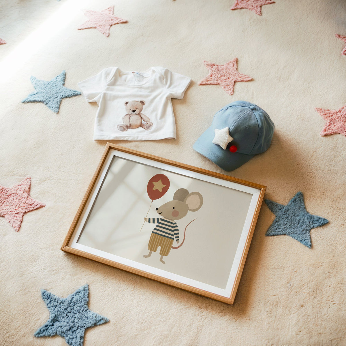 Landscape mouse star balloon striped shirt nursery print in a matted oak frame on a star rug with a baby tee
