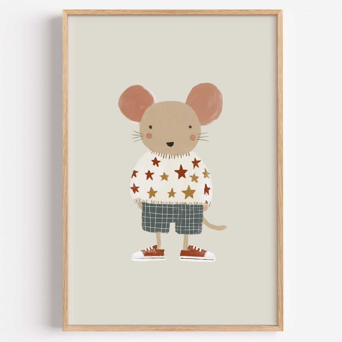 Mouse star sweater plaid shorts nursery print in a light oak frame on a plain white wall