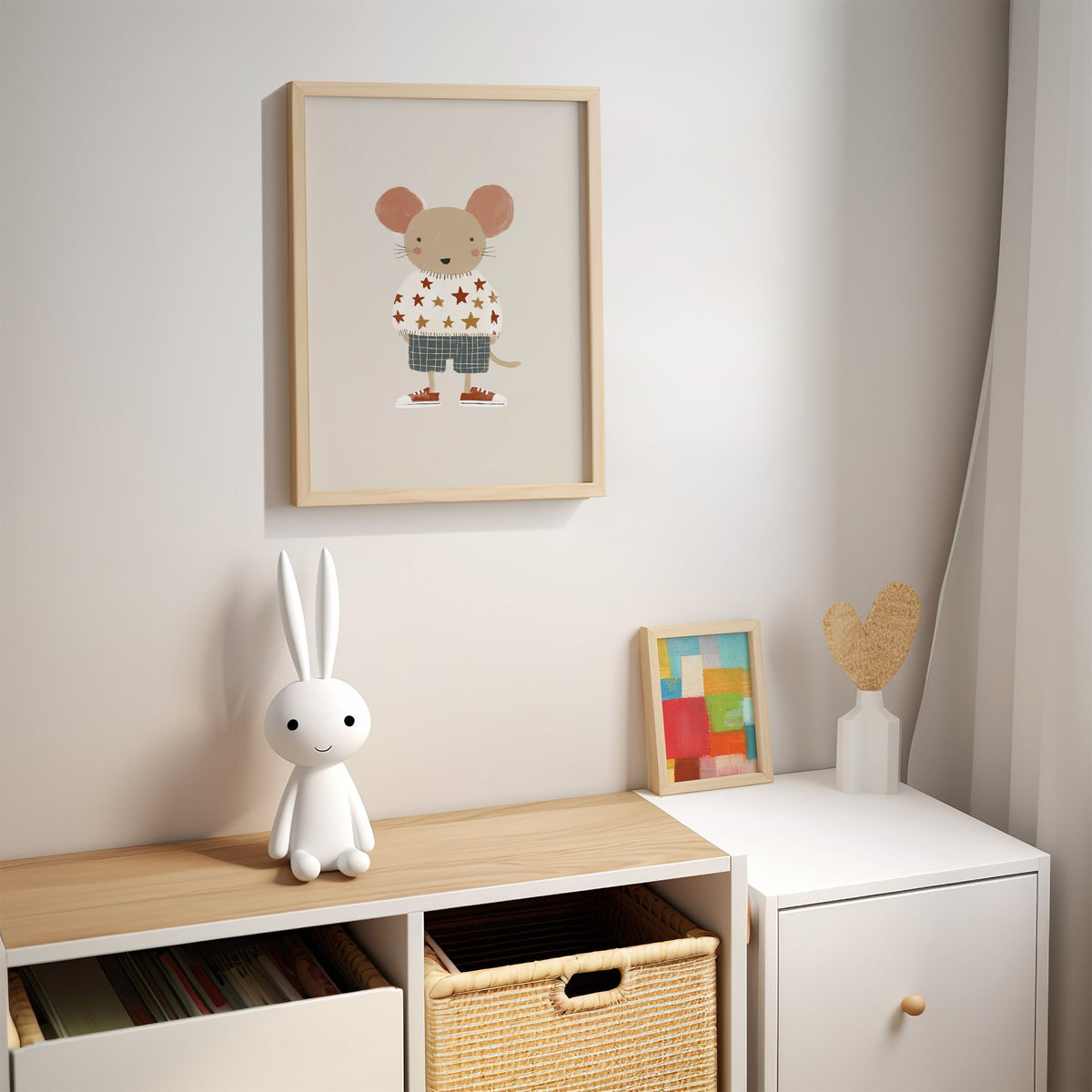Mouse star sweater plaid shorts nursery print in an oak frame above a kids cubby shelf with a woven basket and bunny lamp