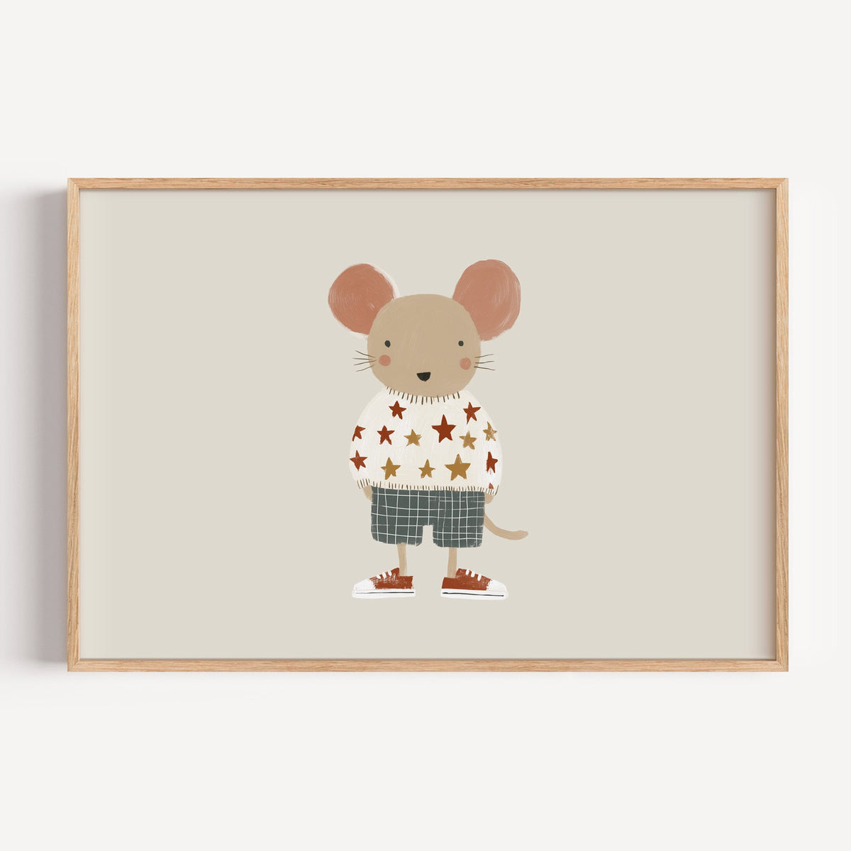 Landscape mouse star sweater plaid shorts nursery print in a light oak frame on a plain white wall