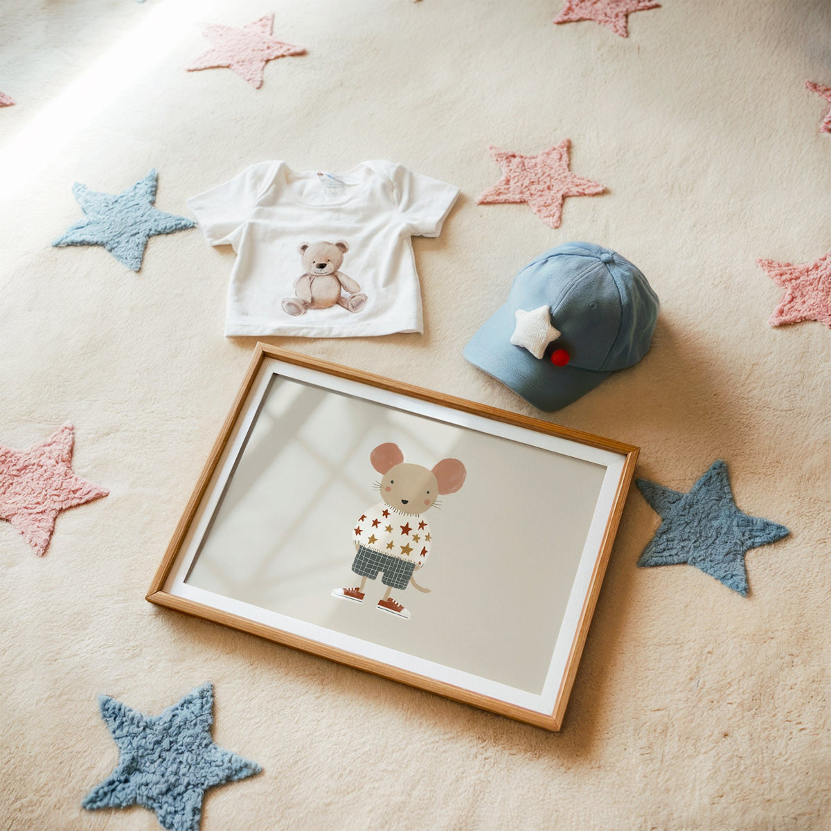 Landscape mouse star sweater plaid shorts nursery print in a matted oak frame on a star rug with a baby tee