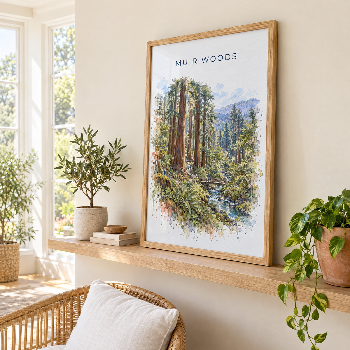 Muir Woods watercolor print in an oak frame on a picture ledge in a sunlit sunroom