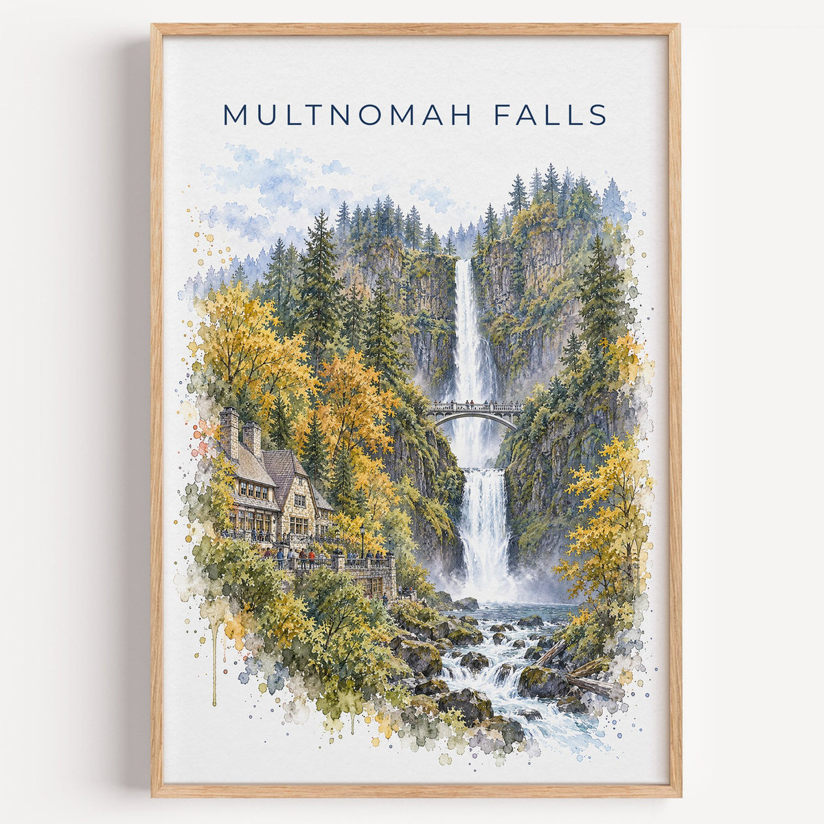 Multnomah Falls watercolor print in a light oak frame on a plain white wall