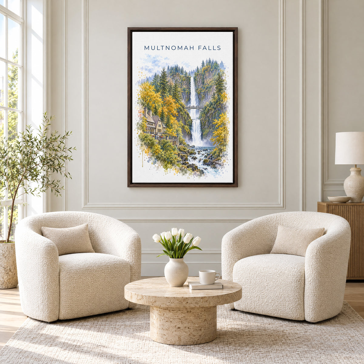 Multnomah Falls watercolor print as an espresso floater canvas above two boucle armchairs in a hotel lounge