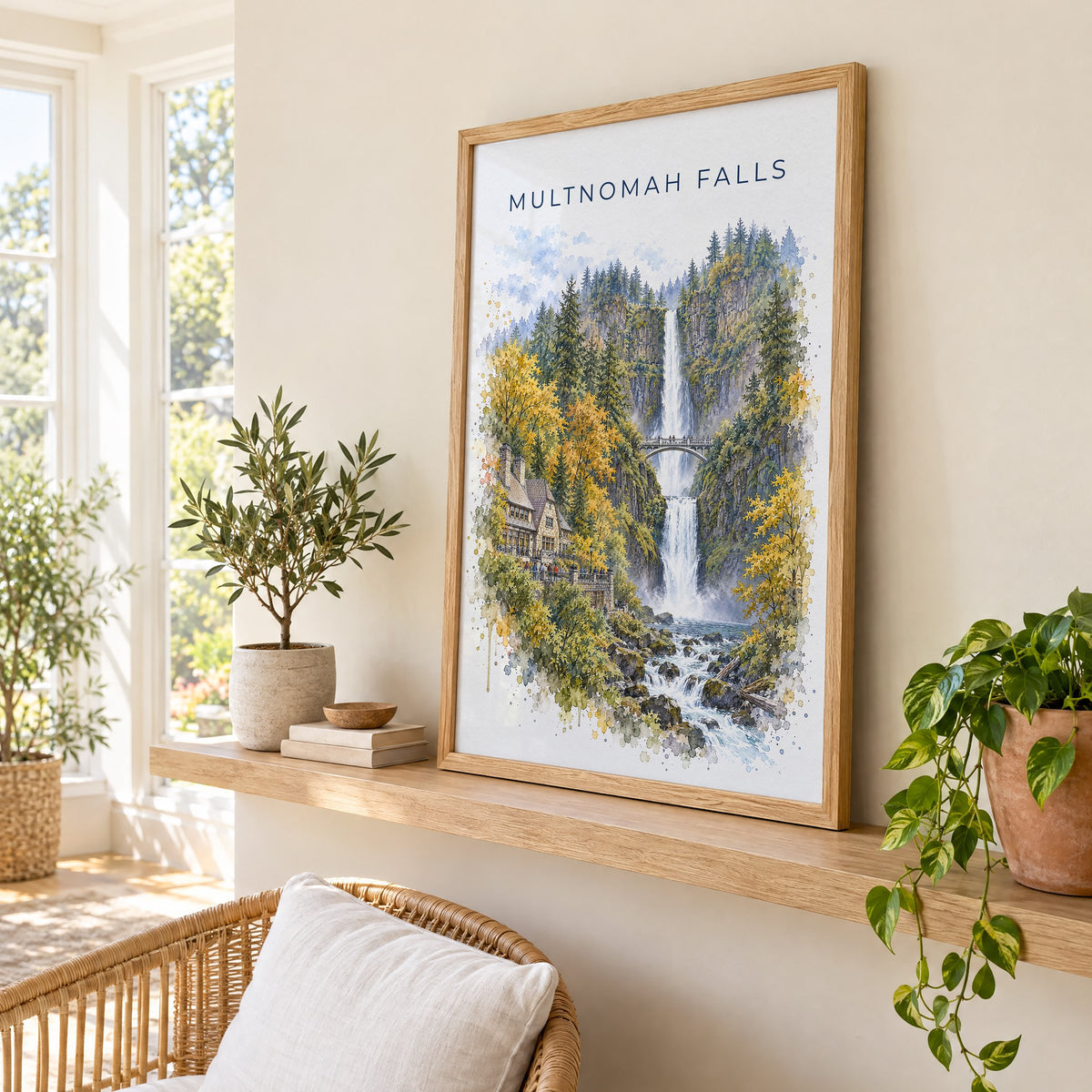 Multnomah Falls watercolor print in an oak frame on a picture ledge in a sunlit sunroom