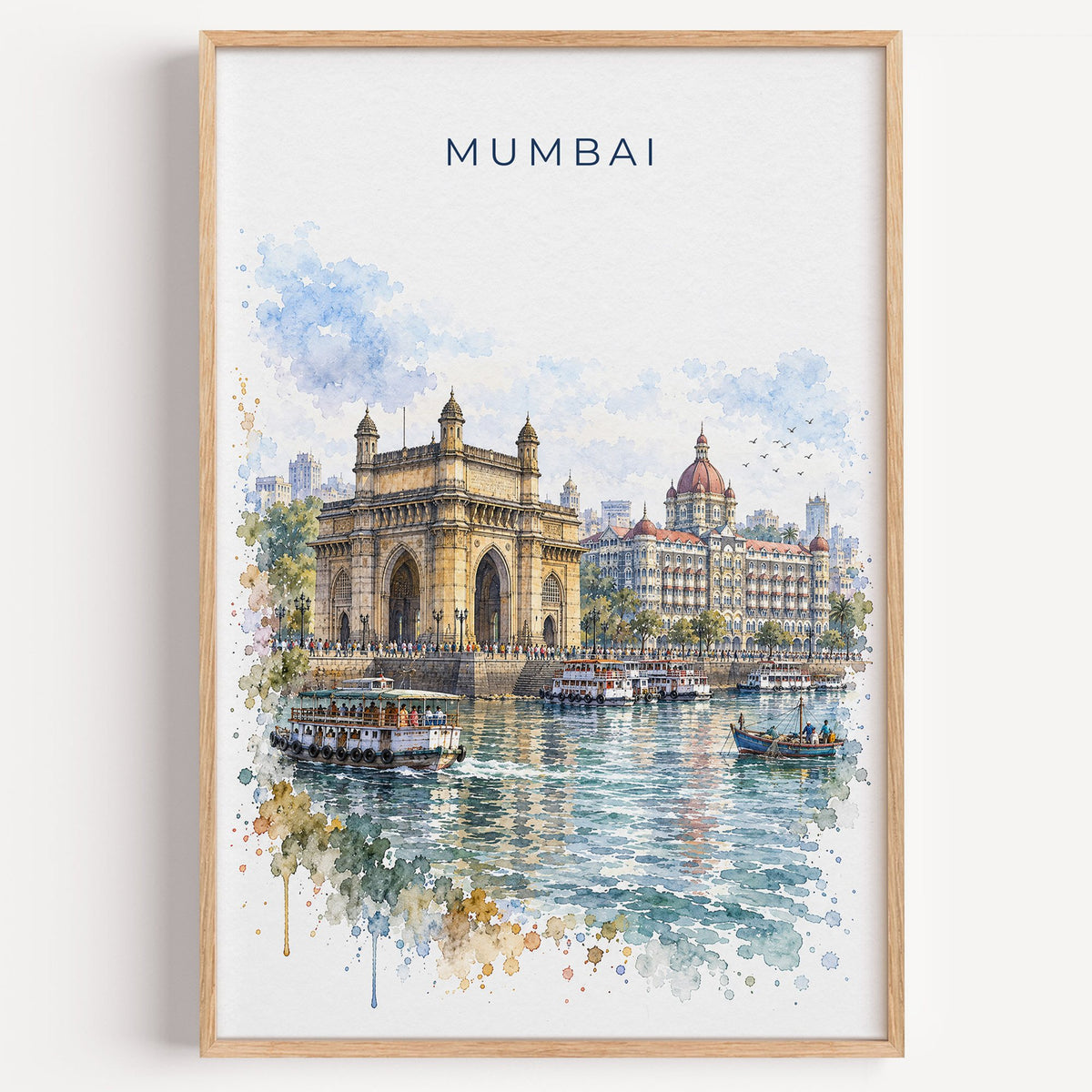 Mumbai watercolor print in a light oak frame on a plain white wall
