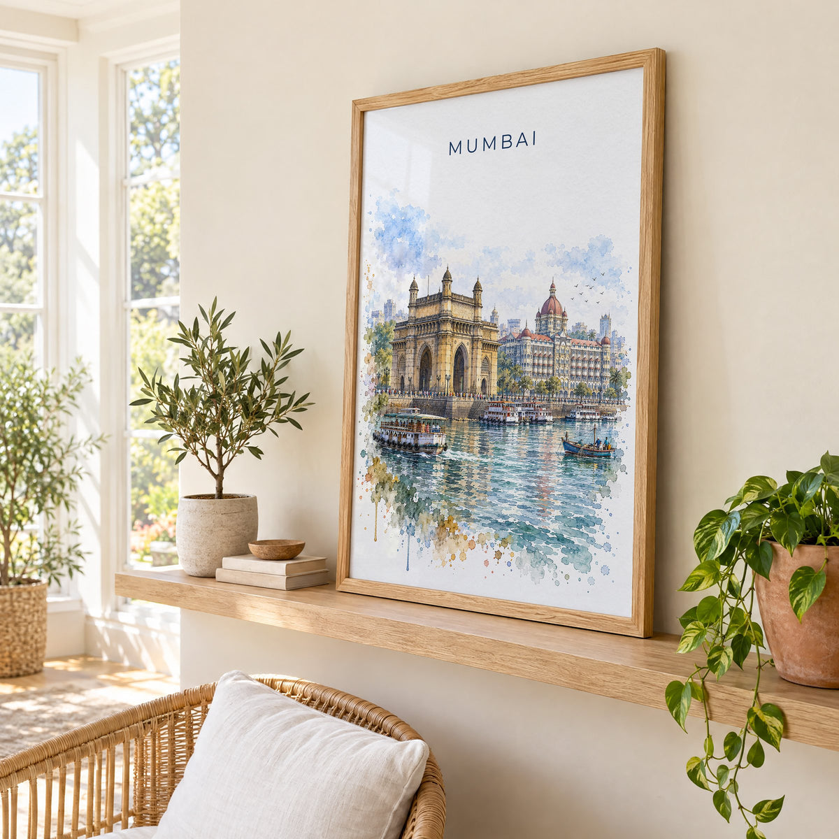 Mumbai watercolor print in an oak frame on a picture ledge in a sunlit sunroom