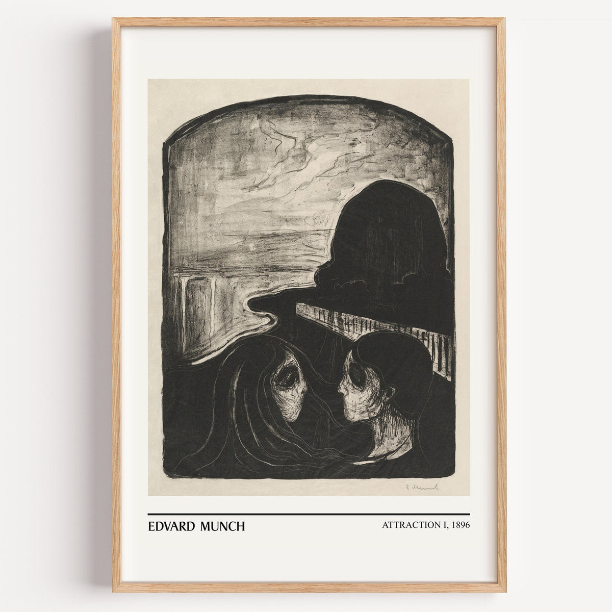 Edvard Munch Attraction I print in a light oak frame on a plain white wall