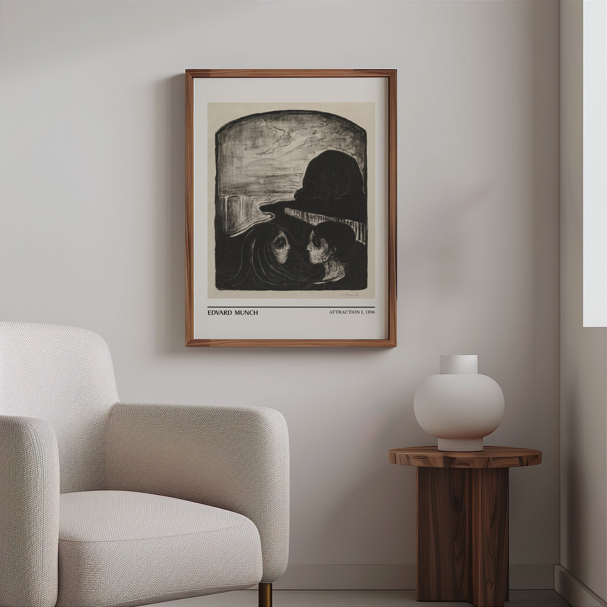 Munch lithograph in a slim walnut frame above a bouclé armchair