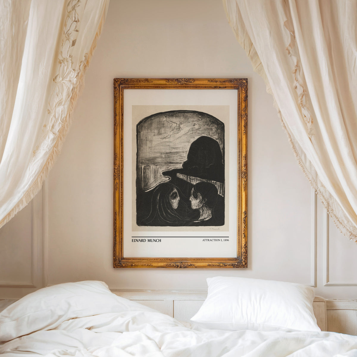 Attraction I print shown in an ornate gold frame above a canopy bed