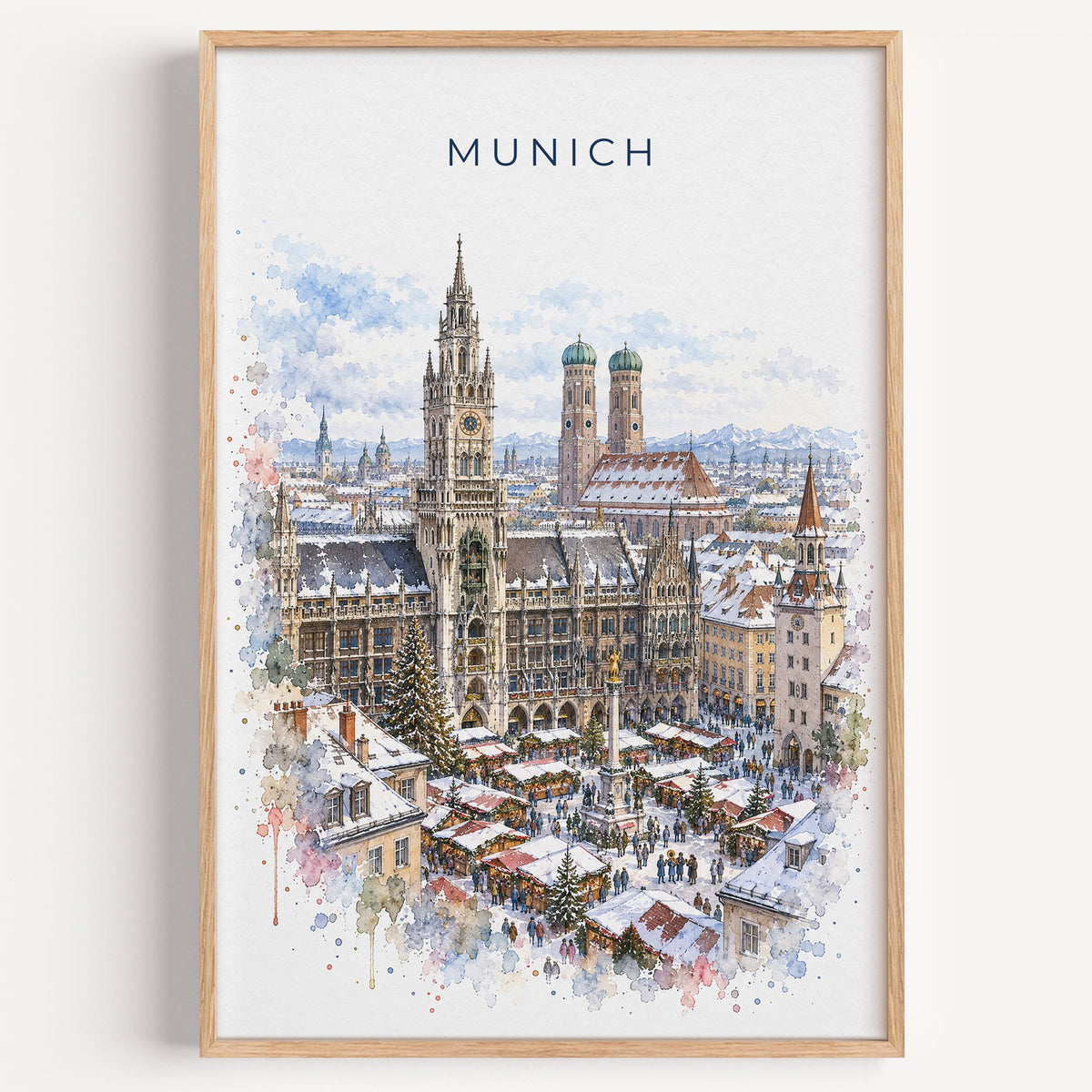 Munich watercolor print in a light oak frame on a plain white wall