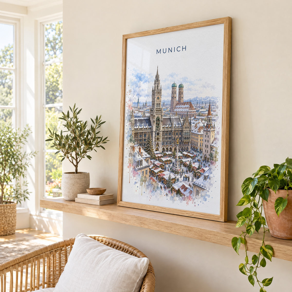 Munich watercolor print in an oak frame on a picture ledge in a sunlit sunroom