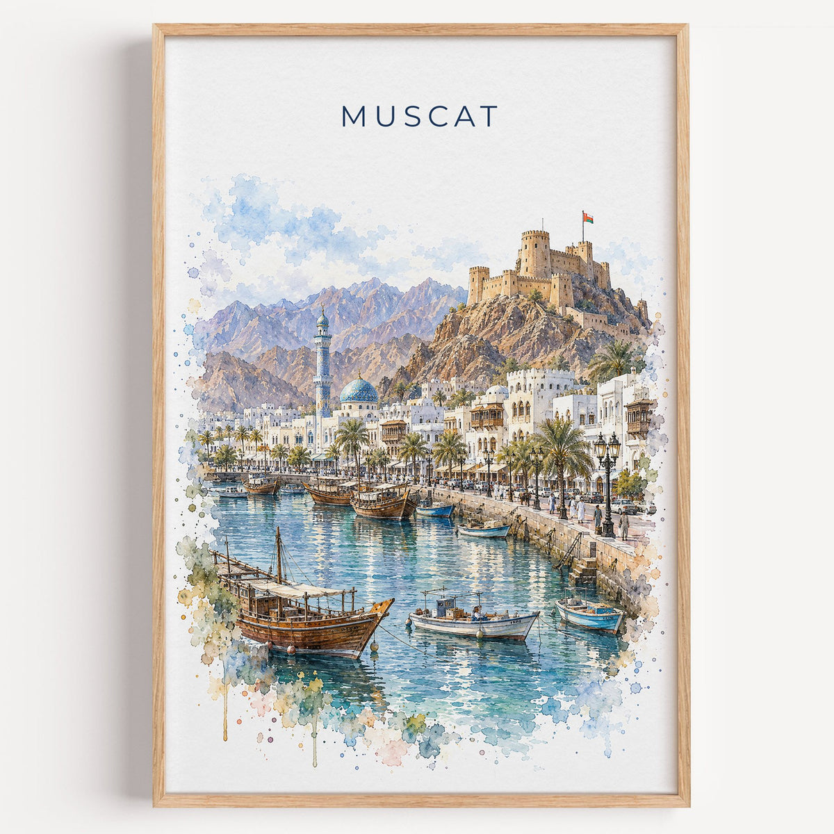 Muscat watercolor print in a light oak frame on a plain white wall