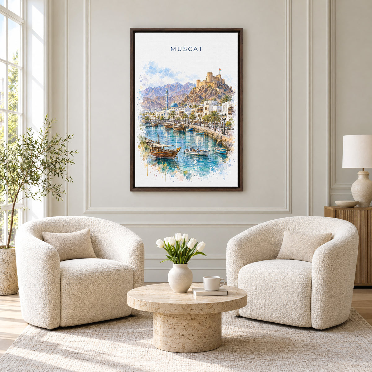 Muscat watercolor print as an espresso floater canvas above two boucle armchairs in a hotel lounge