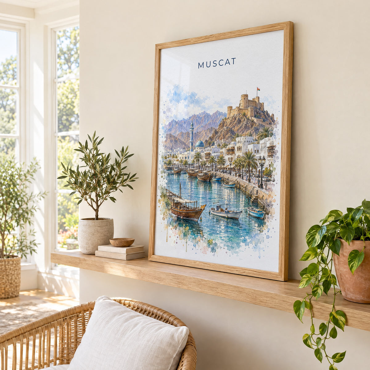Muscat watercolor print in an oak frame on a picture ledge in a sunlit sunroom