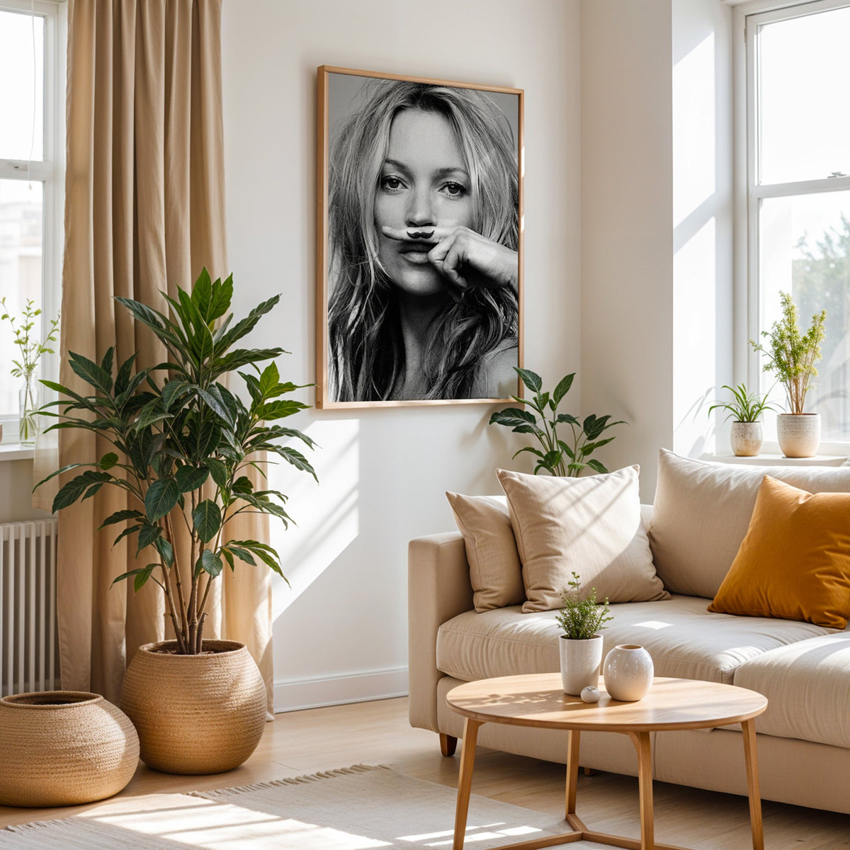 Close portrait with finger mustache under nose print in an oak frame above a cream sofa beside woven planters