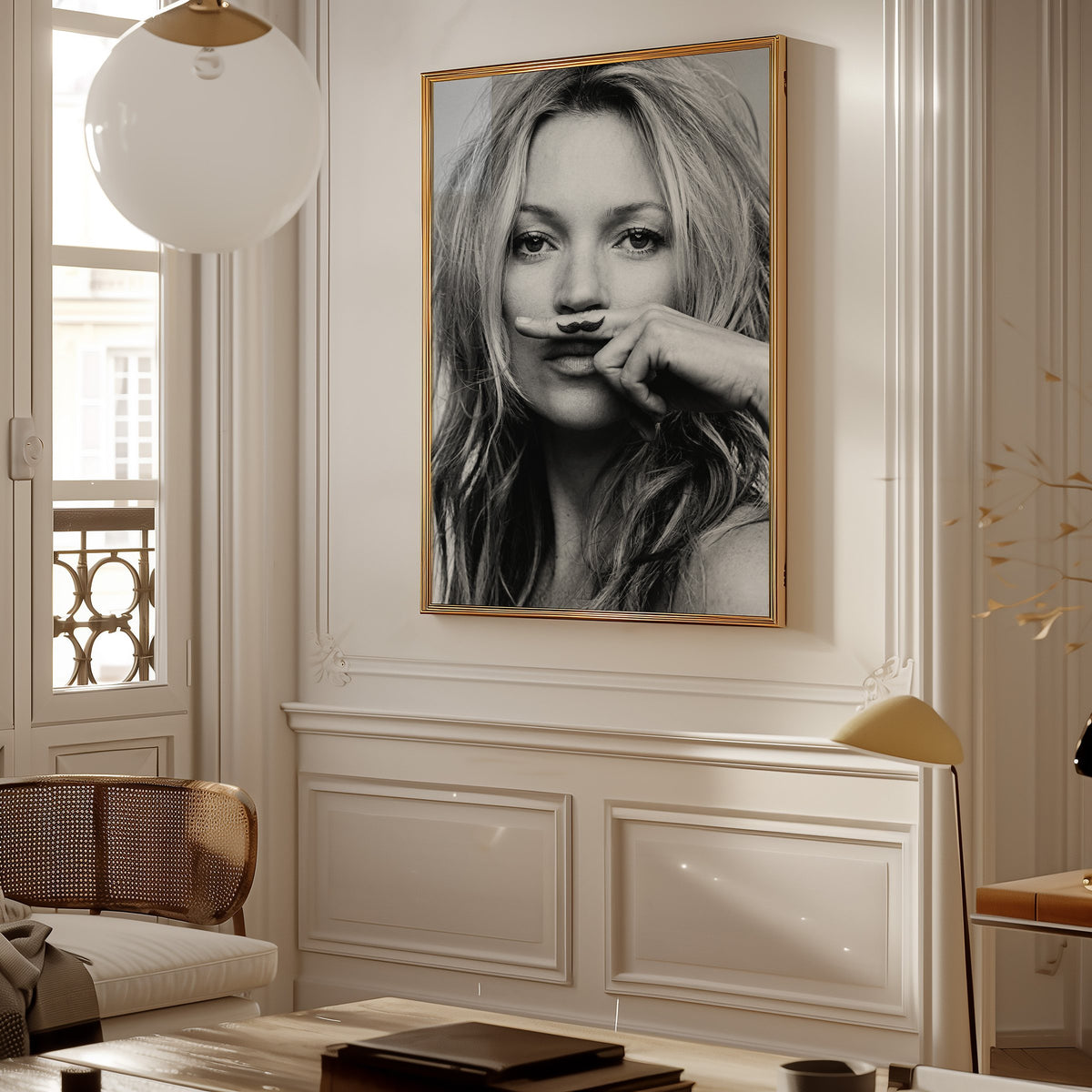 Close portrait with finger mustache under nose print shown in a gold frame in a Parisian paneled living room