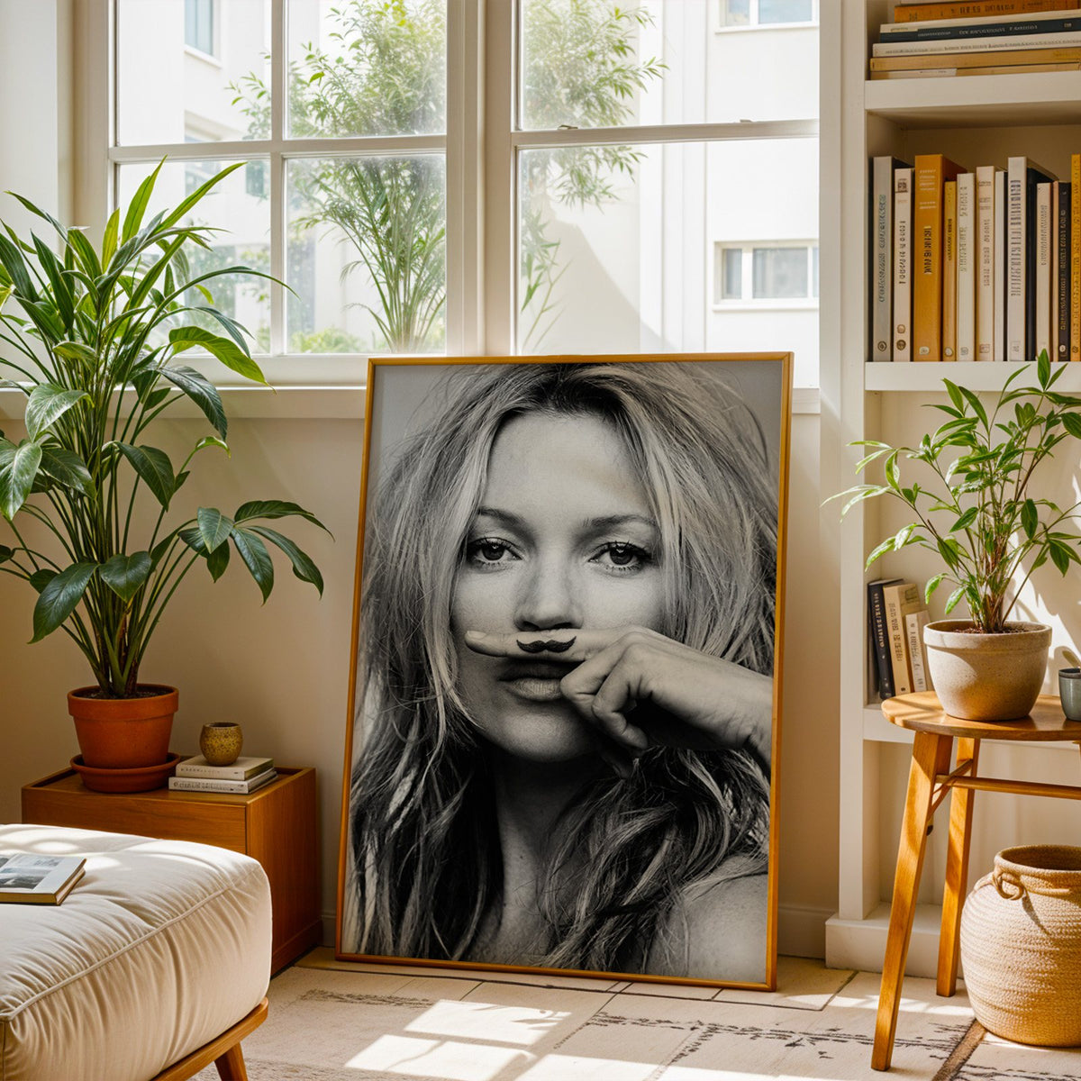 Close portrait with finger mustache under nose print shown in a brass frame leaning on a sunlit living room floor