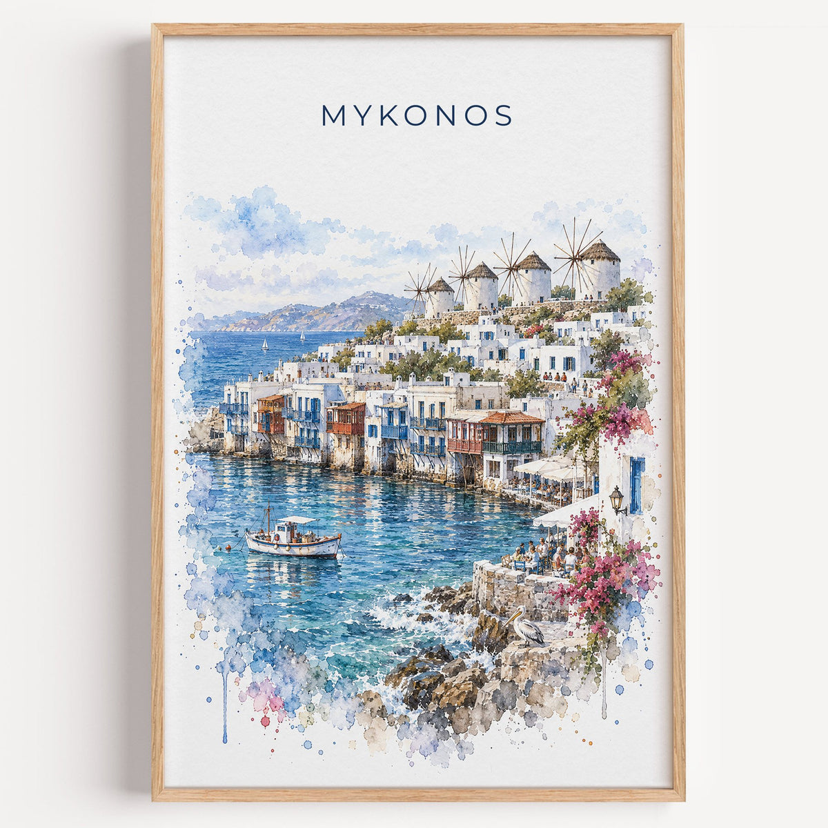 Mykonos watercolor print in a light oak frame on a plain white wall