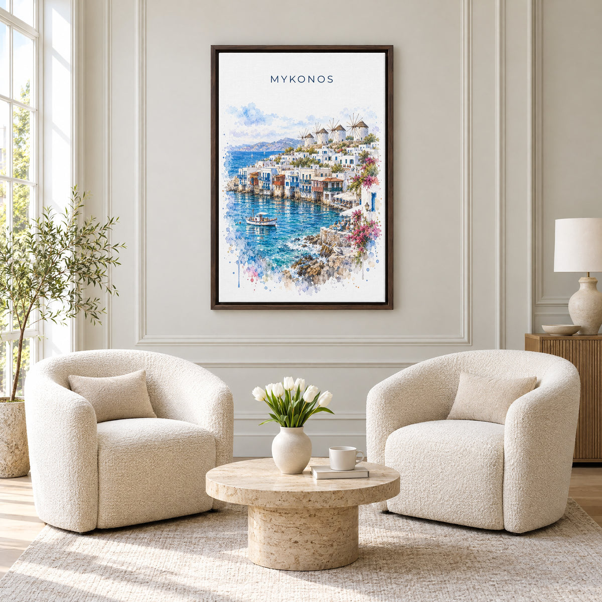 Mykonos watercolor print as an espresso floater canvas above two boucle armchairs in a hotel lounge