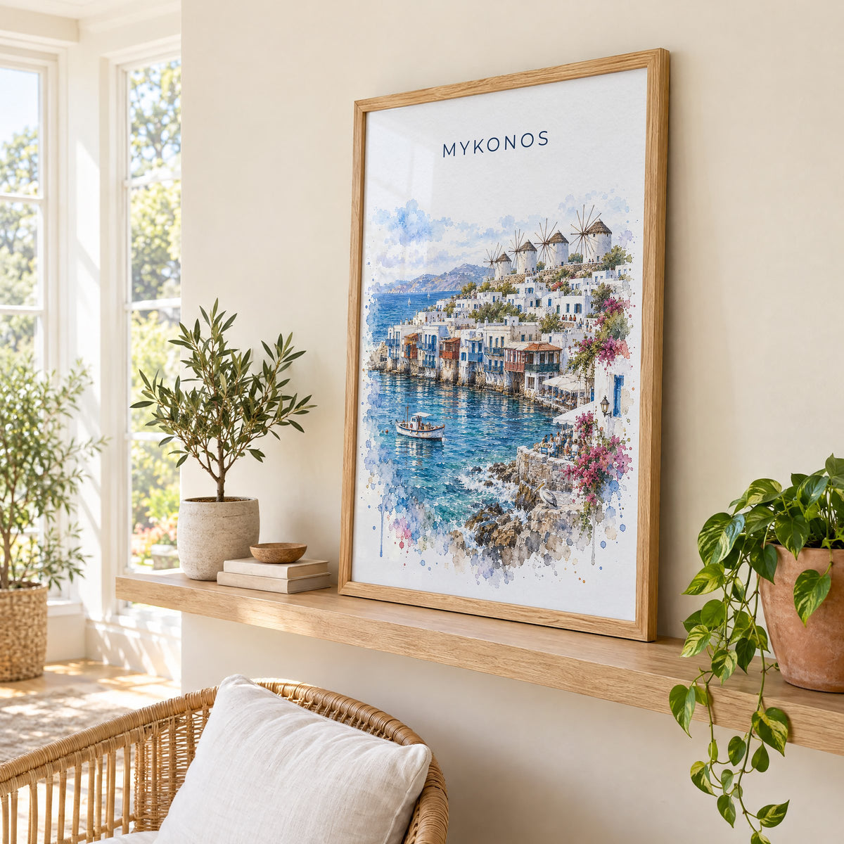 Mykonos watercolor print in an oak frame on a picture ledge in a sunlit sunroom