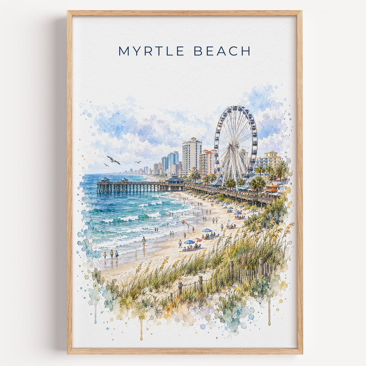 Myrtle Beach watercolor print in a light oak frame on a plain white wall