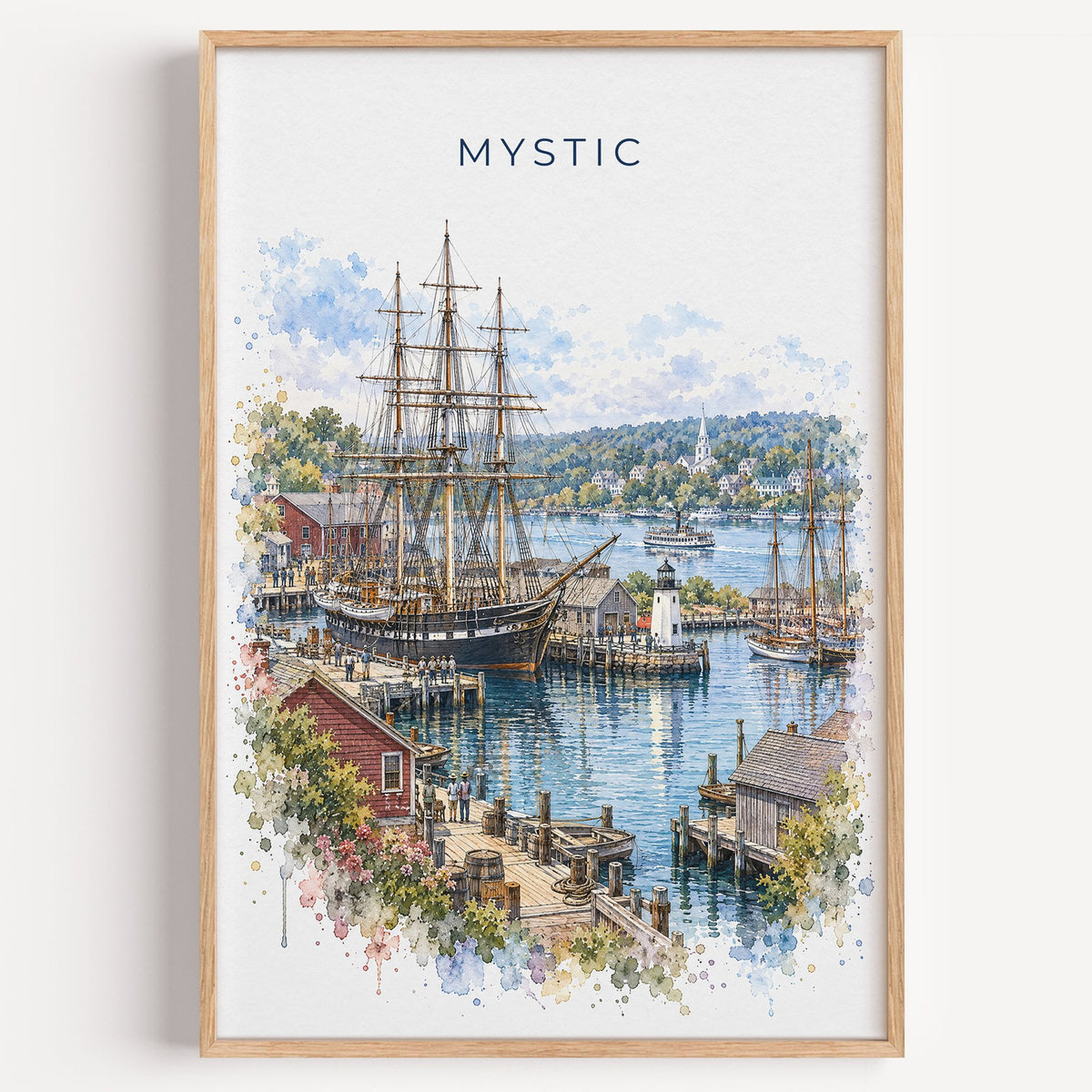 Mystic, Connecticut watercolor print in a light oak frame on a plain white wall