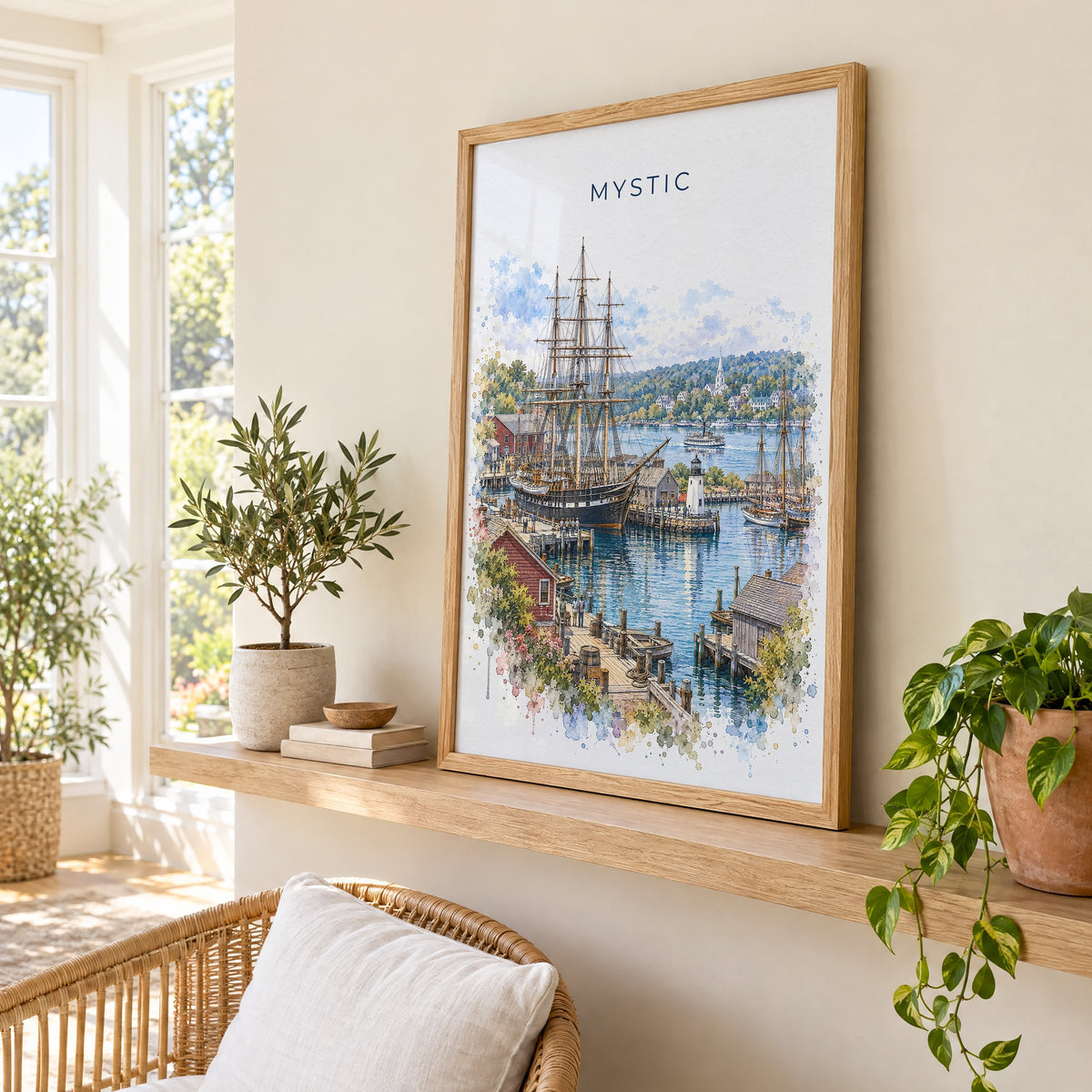 Mystic, Connecticut watercolor print in an oak frame on a picture ledge in a sunlit sunroom