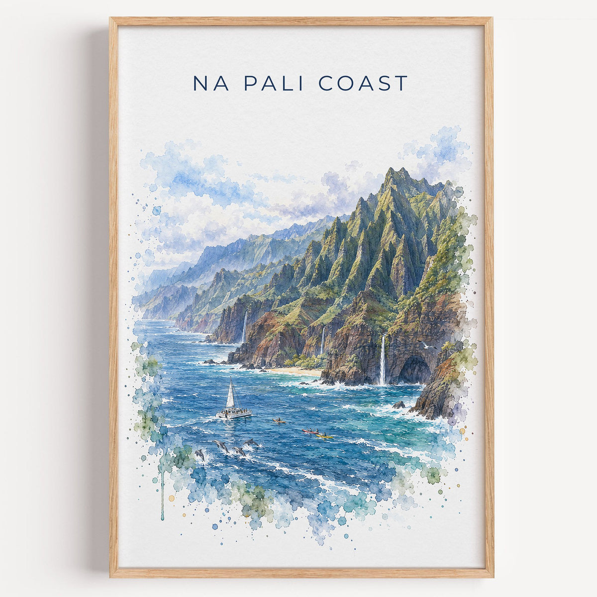 Na Pali Coast watercolor print in a light oak frame on a plain white wall