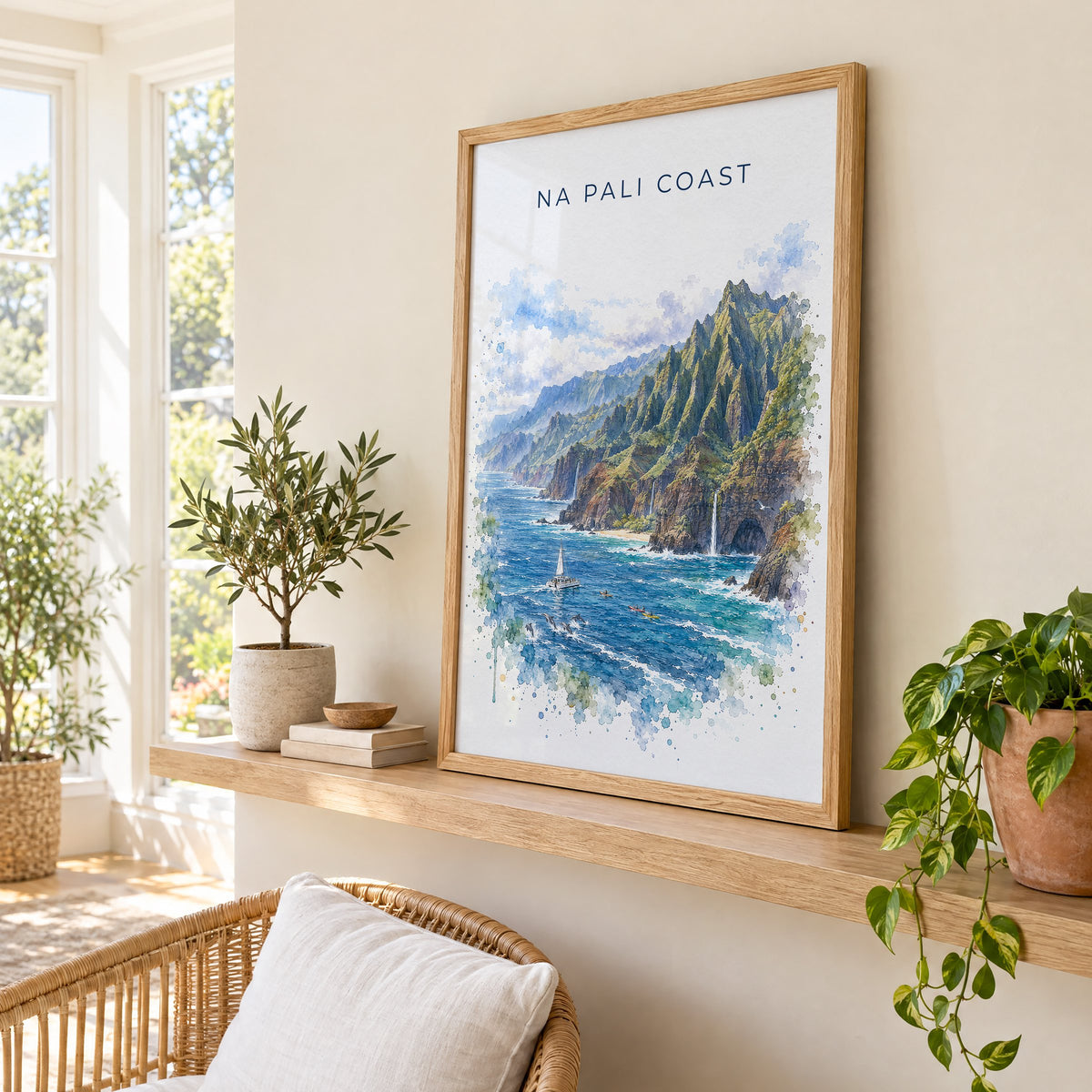 Na Pali Coast watercolor print in an oak frame on a picture ledge in a sunlit sunroom