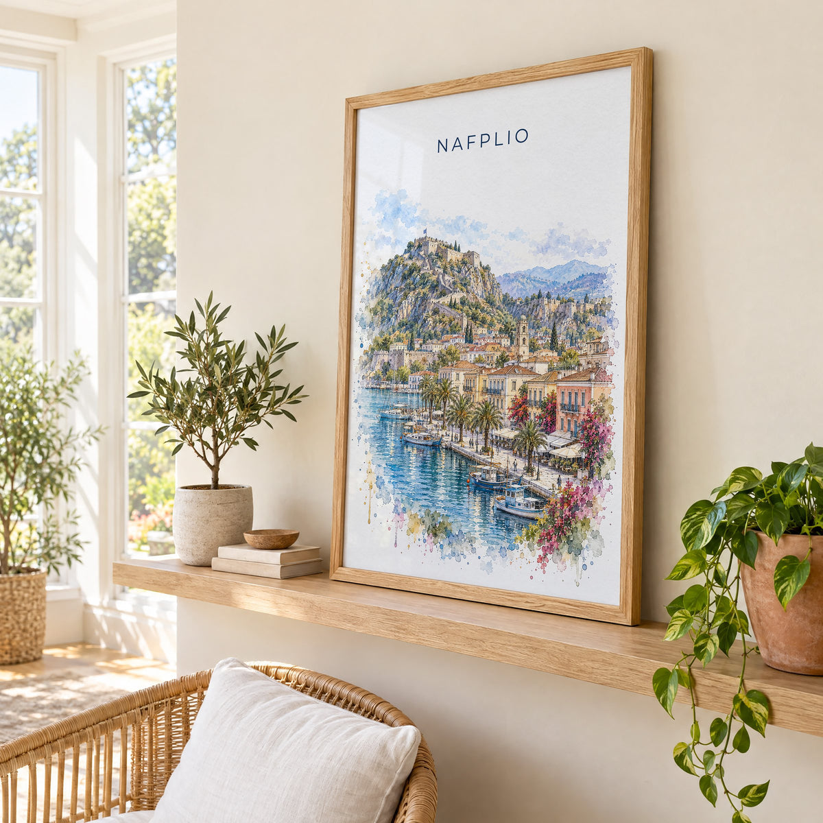 Nafplio watercolor print in an oak frame on a picture ledge in a sunlit sunroom