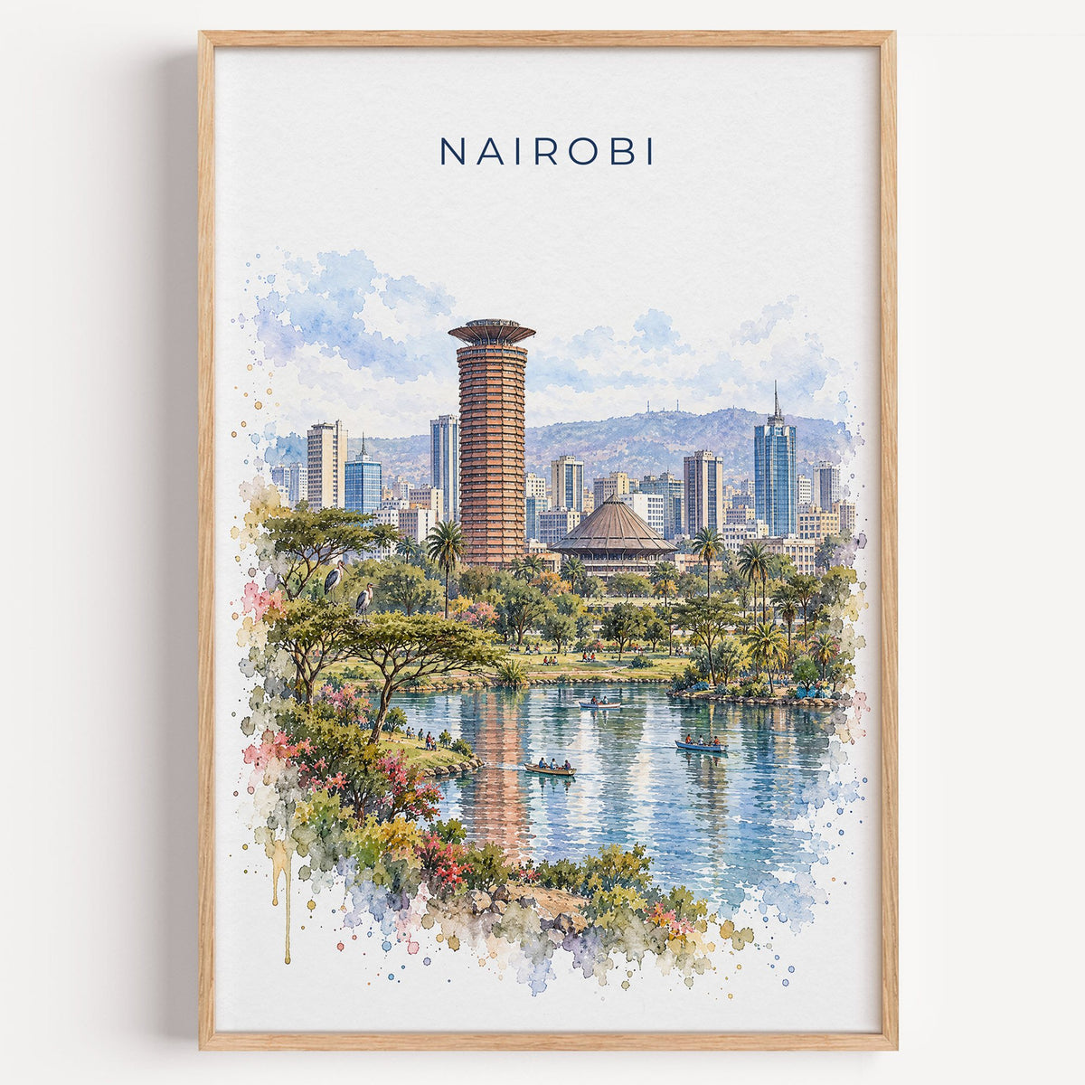 Nairobi watercolor print in a light oak frame on a plain white wall