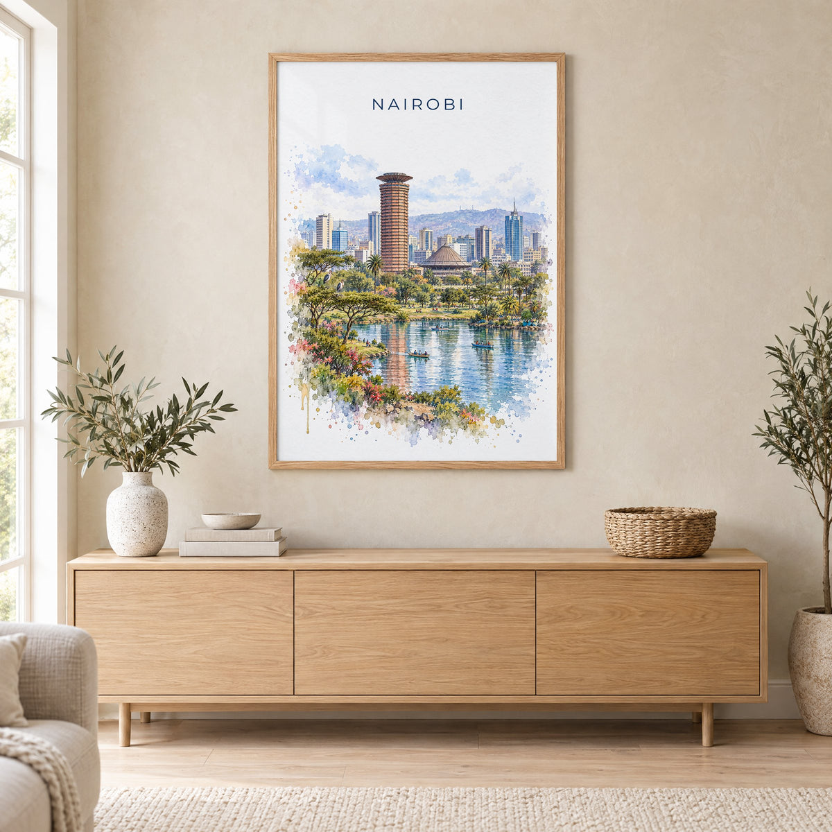 Nairobi watercolor print in an oak frame above a light wood sideboard in a Scandinavian living room