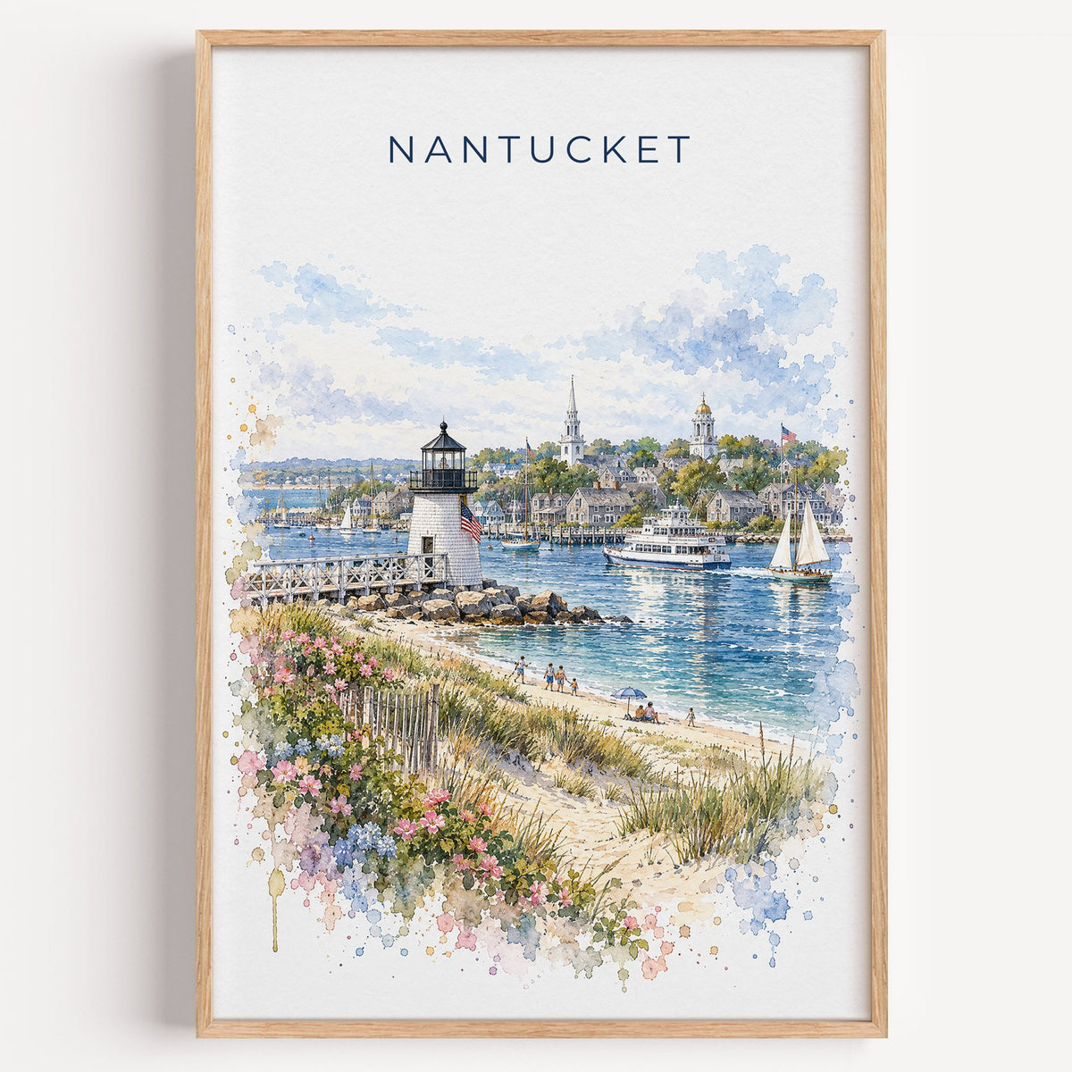 Nantucket watercolor print in a light oak frame on a plain white wall