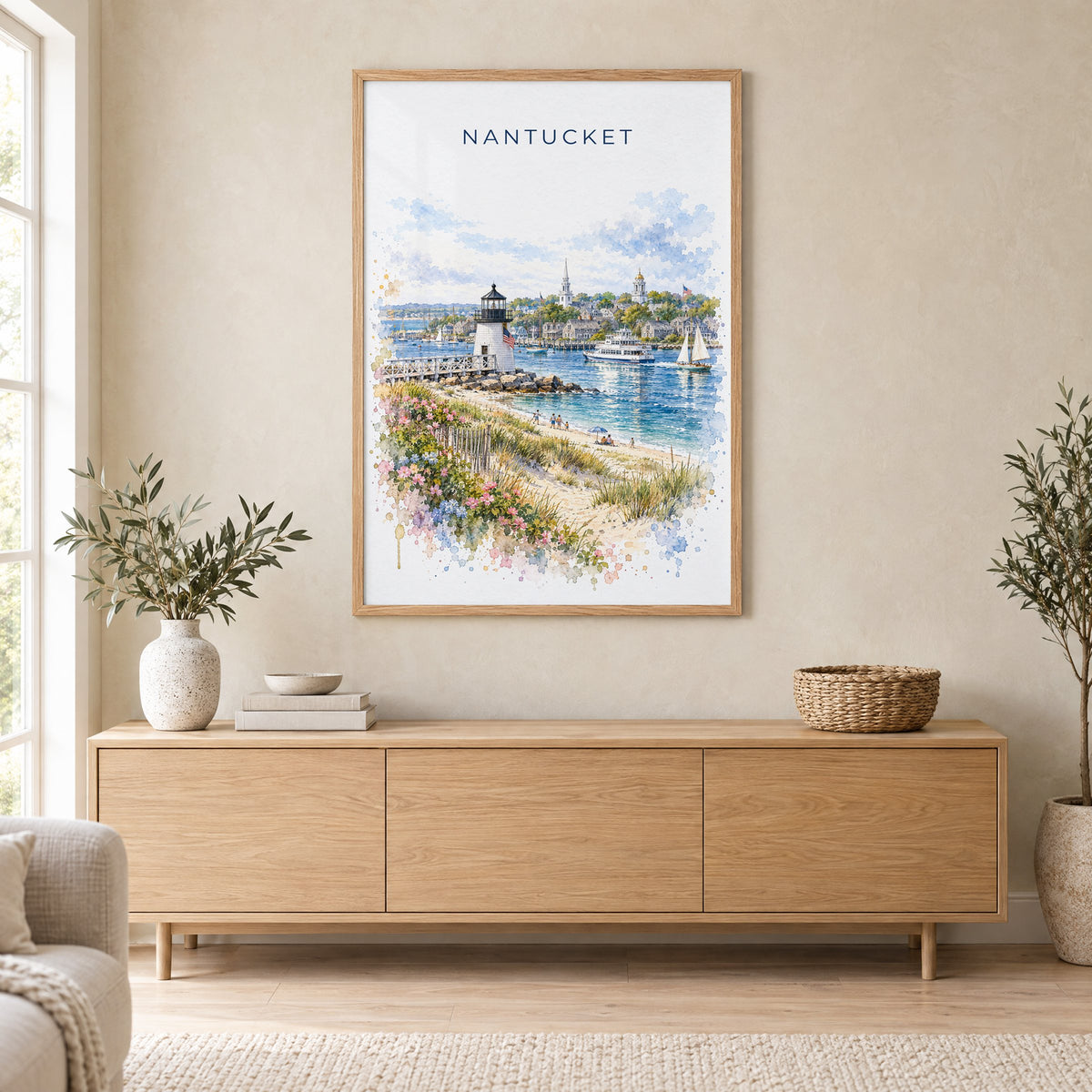 Nantucket watercolor print in an oak frame above a light wood sideboard in a Scandinavian living room