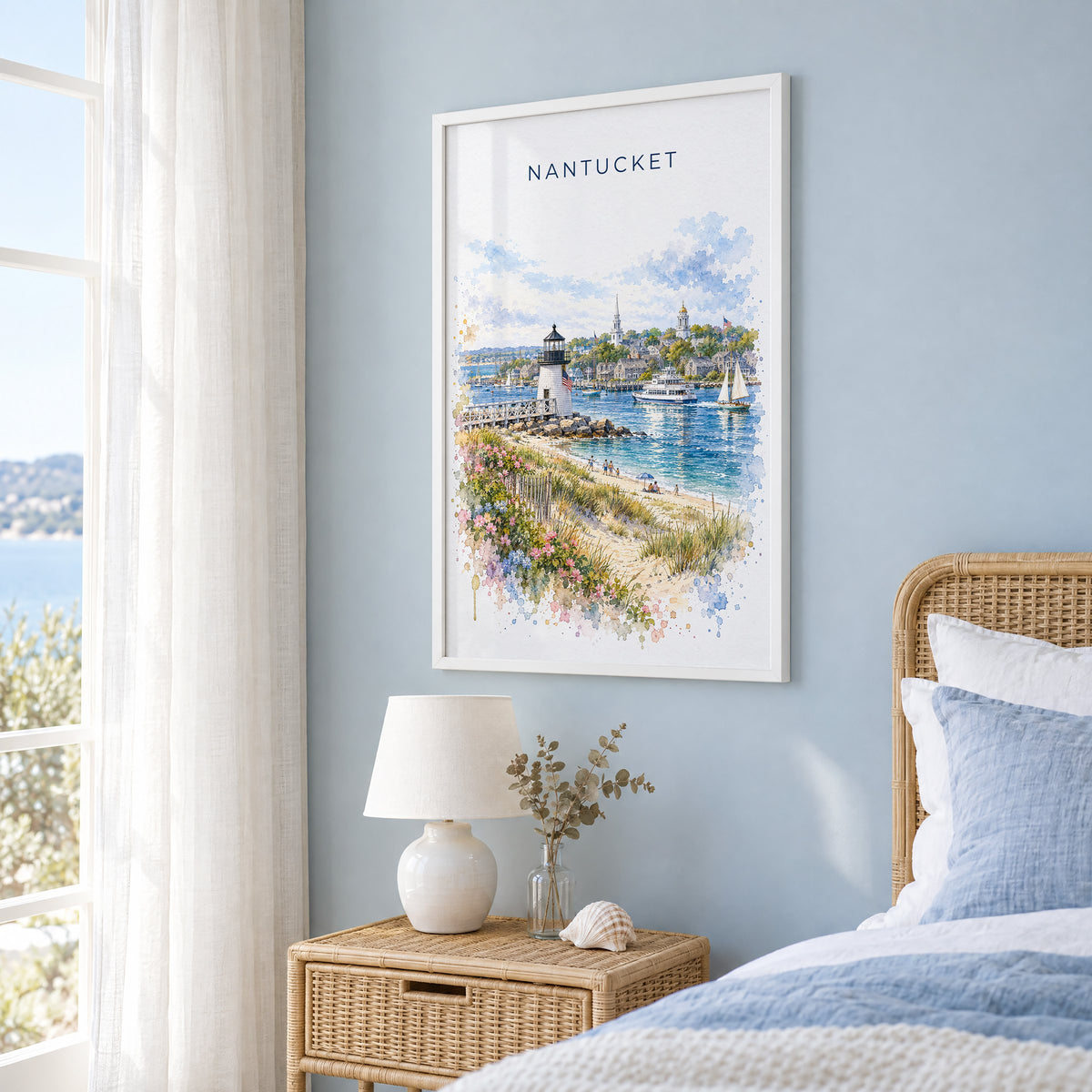 Nantucket watercolor print in a white frame on a pale blue wall beside a rattan bed in a coastal bedroom